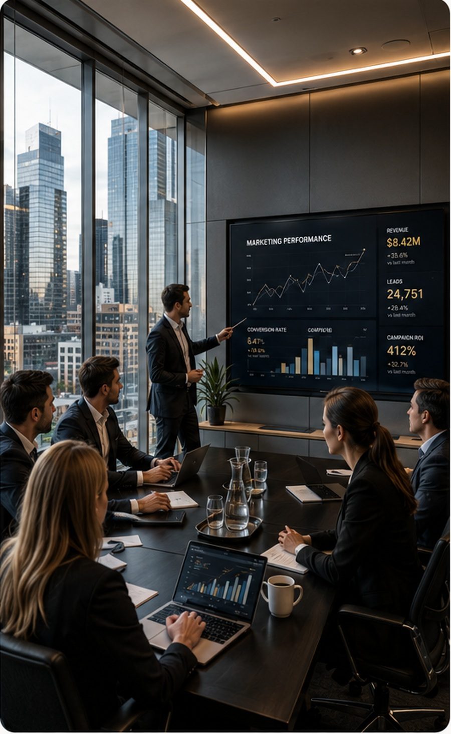Untouchable Growth executive strategy meeting with marketing performance dashboard
